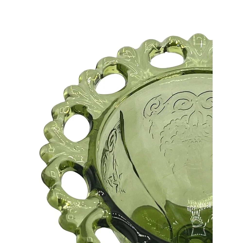 Vintage Green Glass Dessert Bowls Set Of 2 With Decorative Rim  Floral Design - Picture 10 of 15